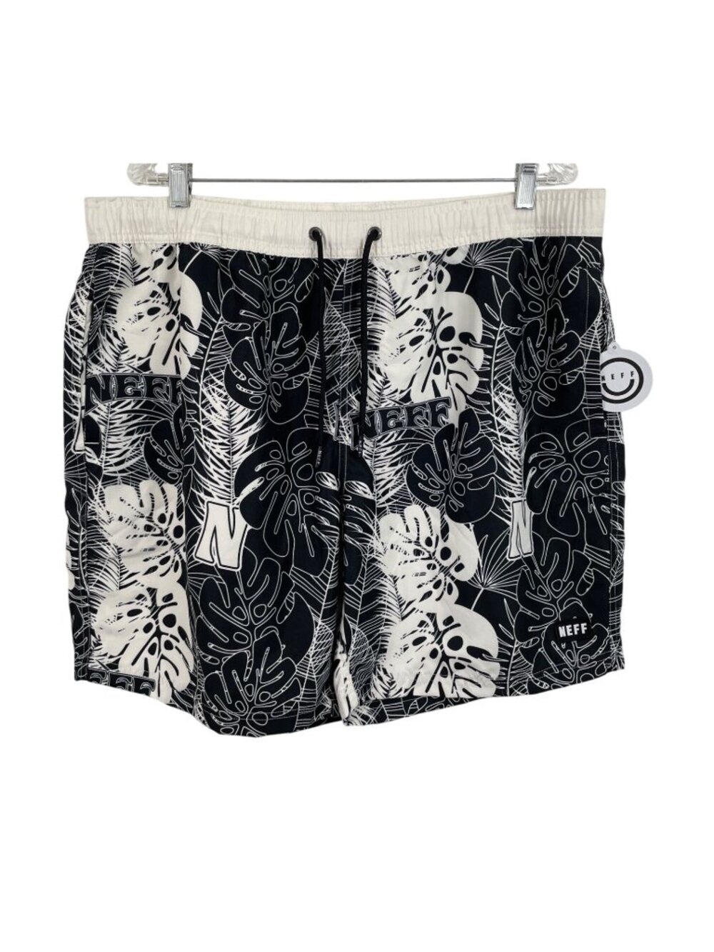 Neff Mens XXL Black & White Tropical Print Elastic Waist Swim Shorts w/Pockets